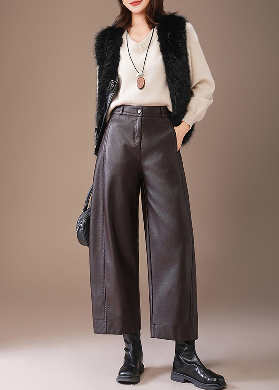 Elegant Dark Coffee Pockets High Waist Faux Leather Straight Leg Crop Pants Fall