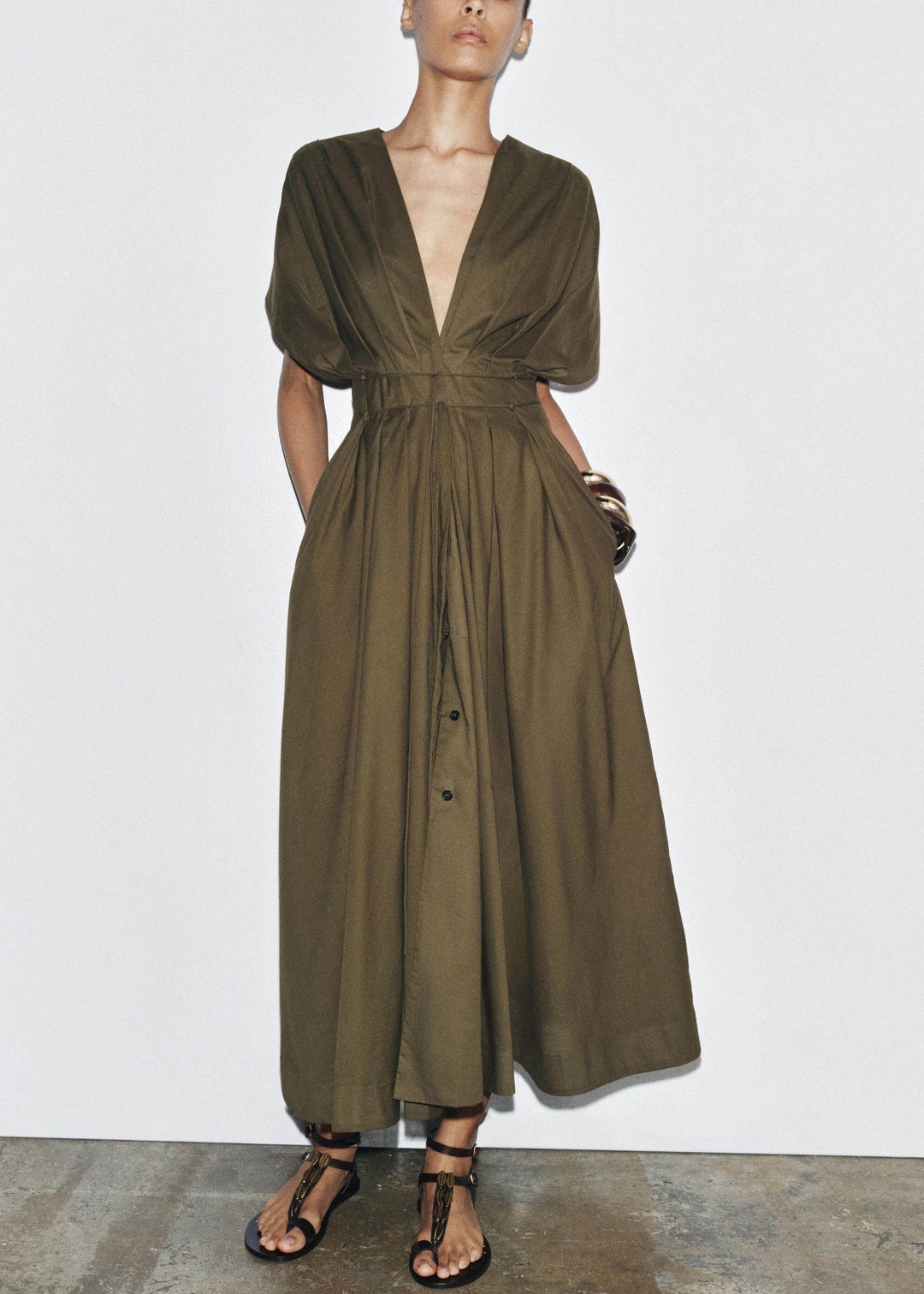 Elegant Dark Green V Neck Lace Up Wrinkled Cotton Dress Summer