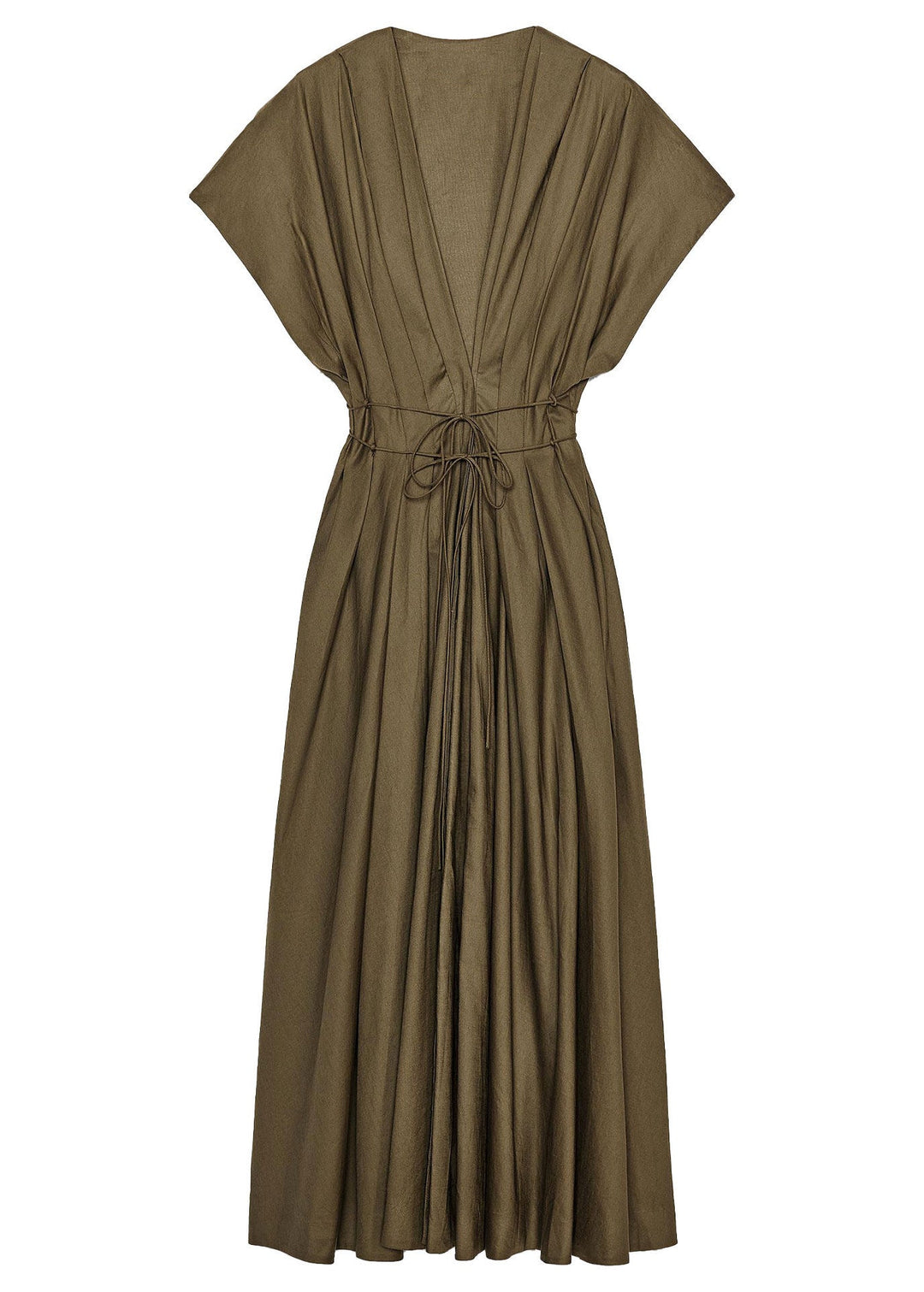 Elegant Dark Green V Neck Lace Up Wrinkled Cotton Dress Summer