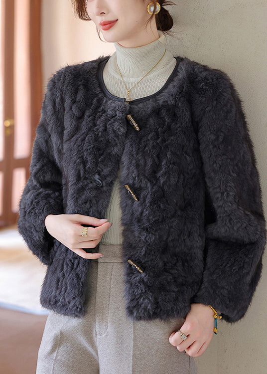 Elegant Dark Grey O-Neck Thick Faux Fur Coat Winter