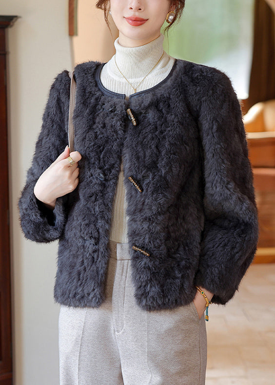Elegant Dark Grey O-Neck Thick Faux Fur Coat Winter
