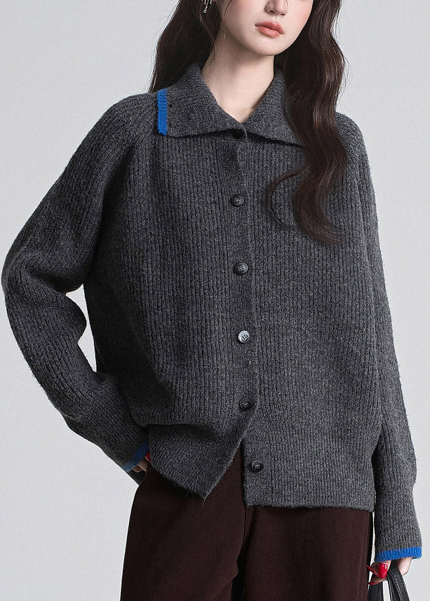Elegant Dark Grey Stand Collar Patchwork Cotton Knit Cardigan Fall