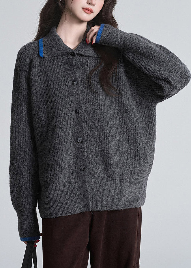 Elegant Dark Grey Stand Collar Patchwork Cotton Knit Cardigan Fall