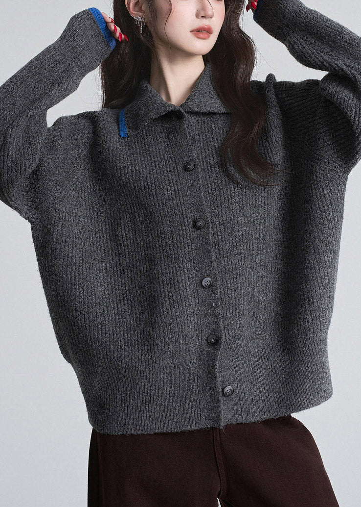Elegant Dark Grey Stand Collar Patchwork Cotton Knit Cardigan Fall