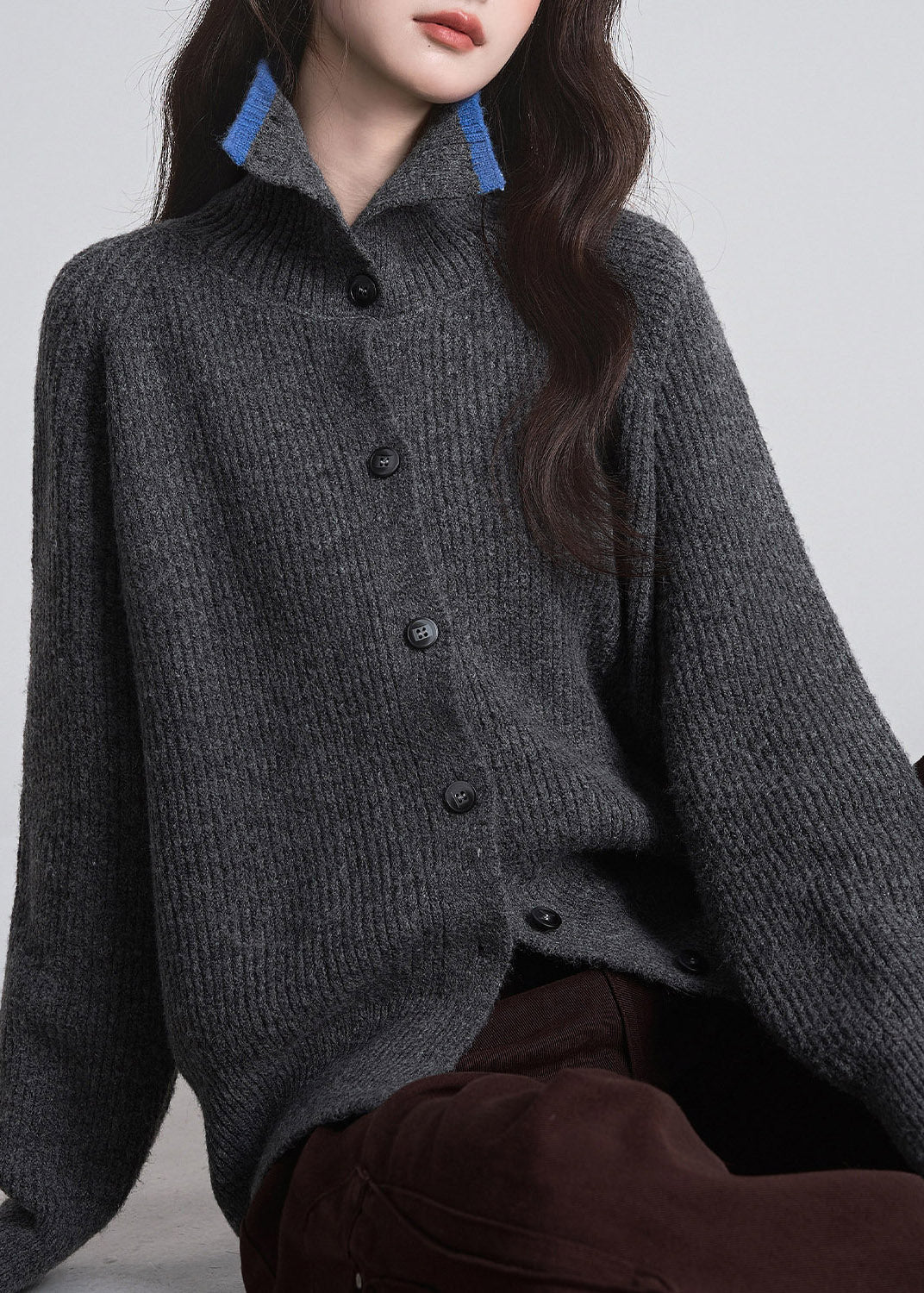 Elegant Dark Grey Stand Collar Patchwork Cotton Knit Cardigan Fall