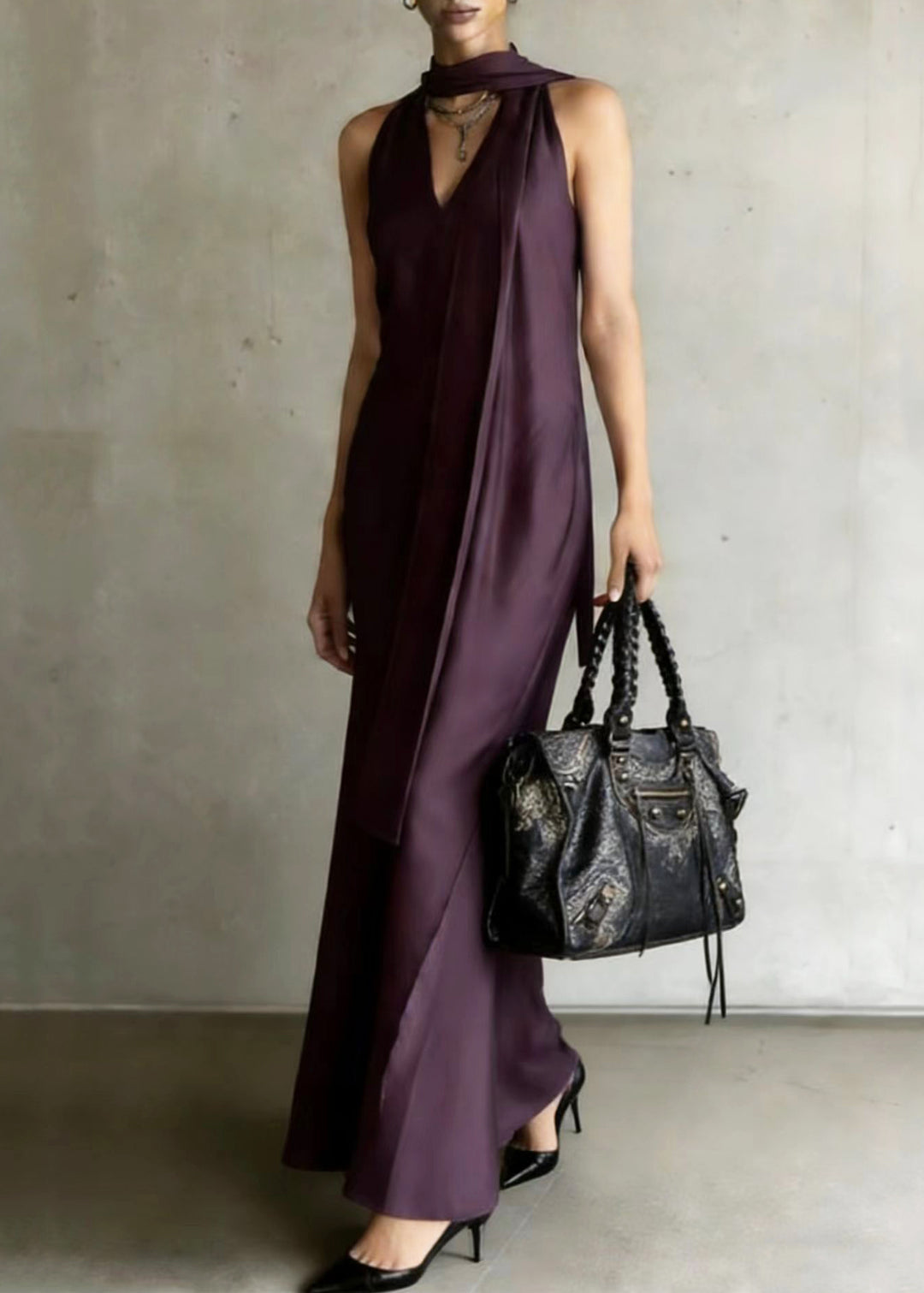 Elegant Dull Purple Cold Shoulder With Scarf Chiffon Robe Dresses Summer