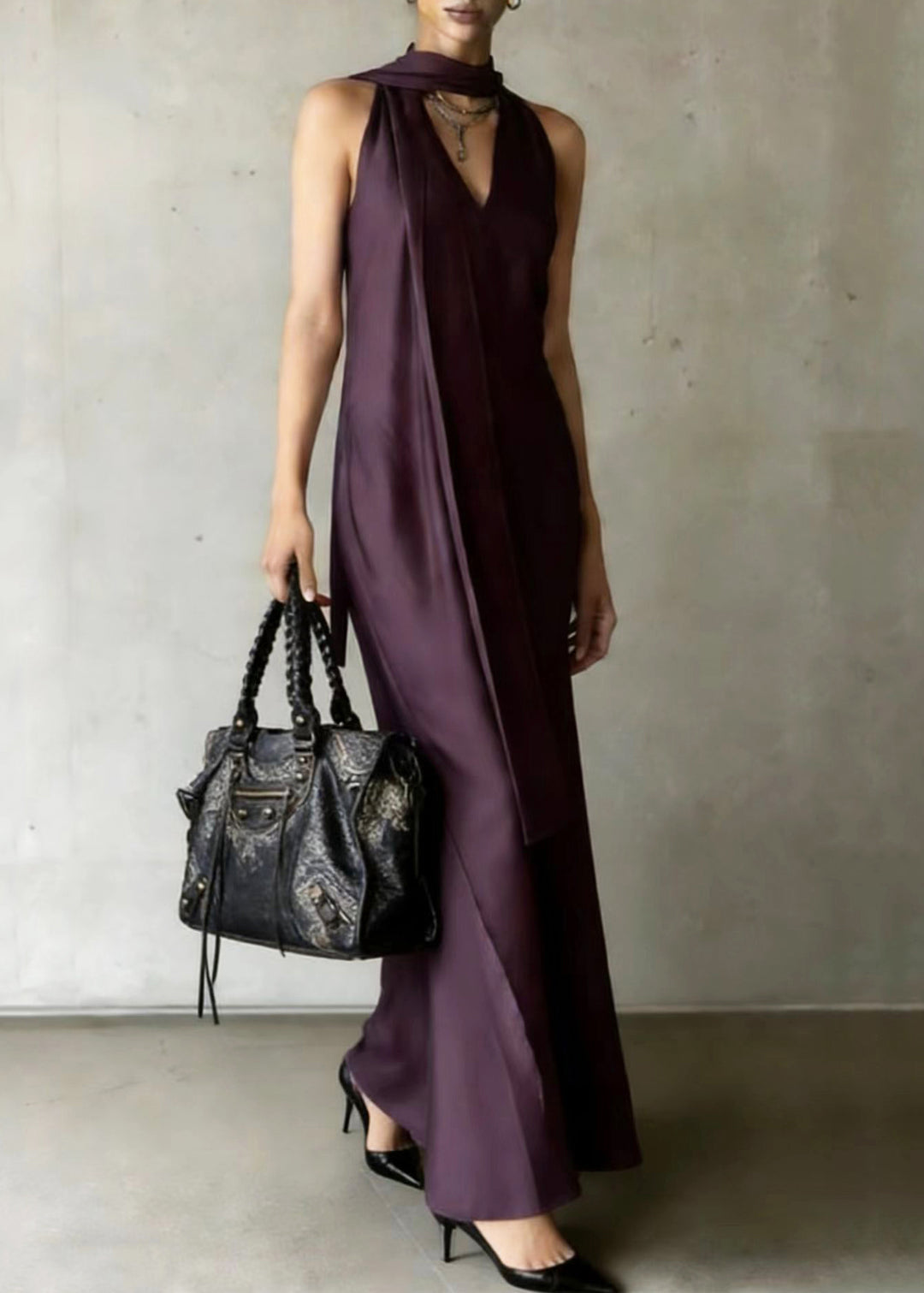Elegant Dull Purple Cold Shoulder With Scarf Chiffon Robe Dresses Summer