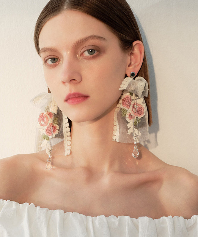 Elegant Embroidered Rose Mesh Dangle With Crystal Tasseled Pendant Earrings - Omychic