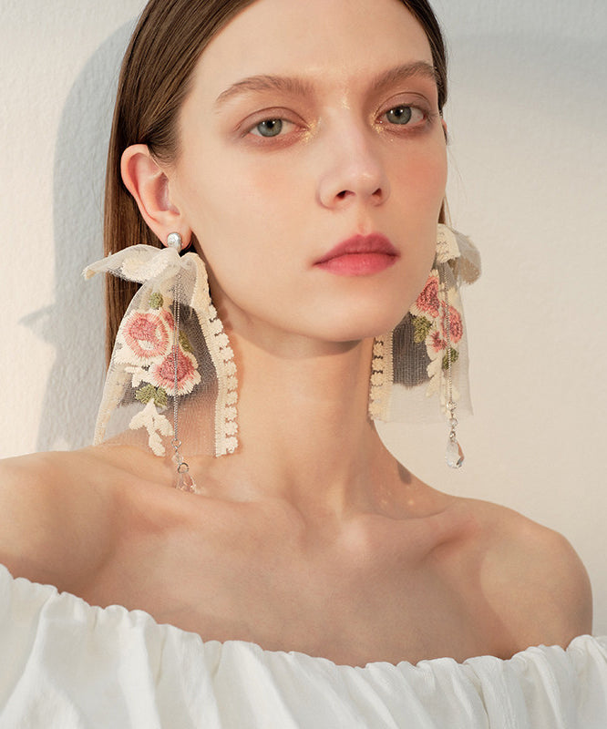 Elegant Embroidered Rose Mesh Dangle With Crystal Tasseled Pendant Earrings - Omychic
