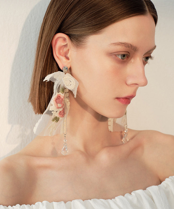 Elegant Embroidered Rose Mesh Dangle With Crystal Tasseled Pendant Earrings - Omychic