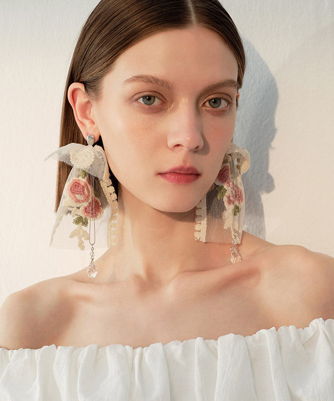 Elegant Embroidered Rose Mesh Dangle With Crystal Tasseled Pendant Earrings - Omychic