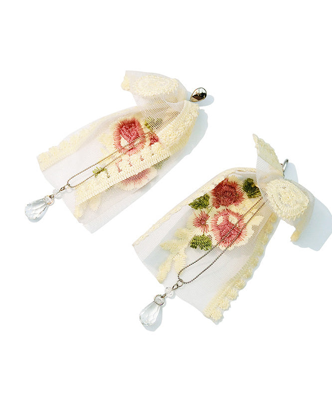Elegant Embroidered Rose Mesh Dangle With Crystal Tasseled Pendant Earrings - Omychic