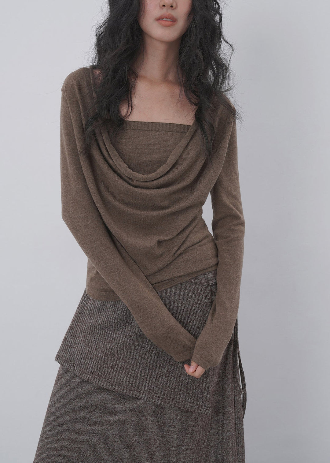 Elegant Fake Two-Piece Cowl Neck Shirts Long Sleeve