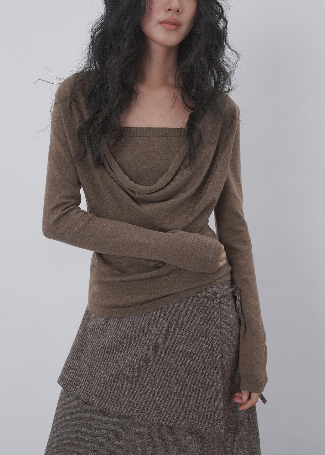 Elegant Fake Two-Piece Cowl Neck Shirts Long Sleeve