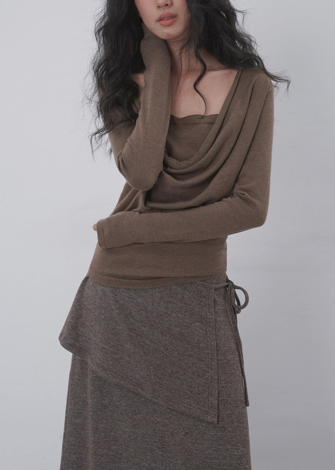 Elegant Fake Two-Piece Cowl Neck Shirts Long Sleeve