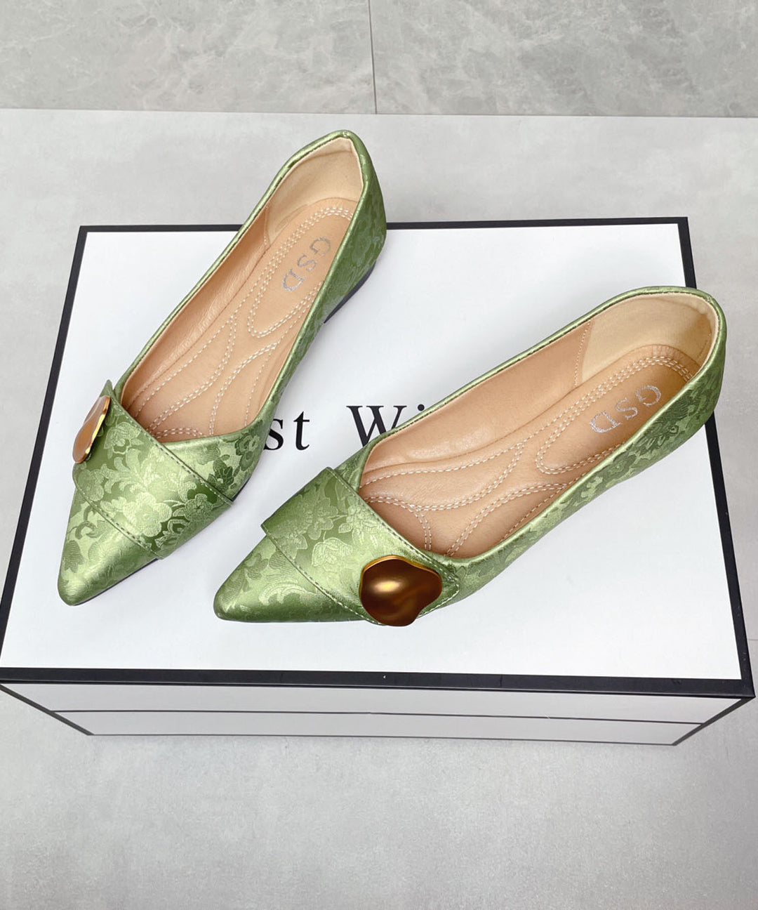 Elegant Flat Shoes Green Print Faux Leather Pointed Toe
