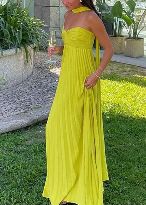 Elegant Fluorescent Green Strapless Ribbon Long Dress Women Sexy Sleeveless