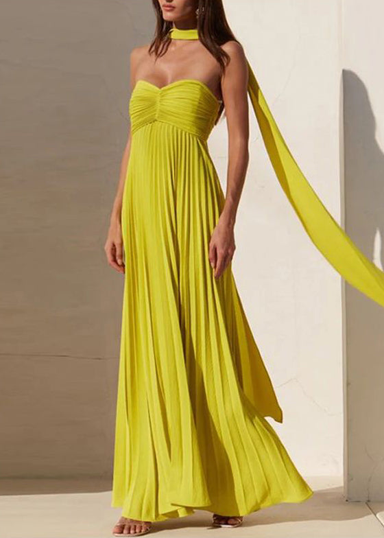 Elegant Fluorescent Green Strapless Ribbon Long Dress Women Sexy Sleeveless