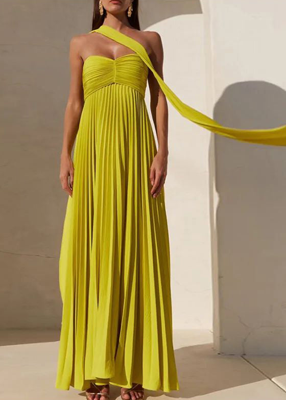 Elegant Fluorescent Green Strapless Ribbon Long Dress Women Sexy Sleeveless