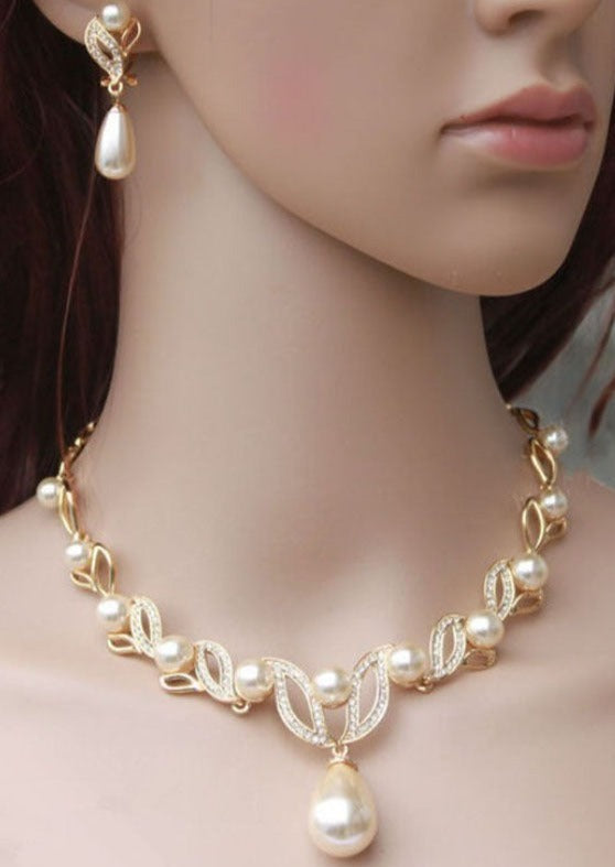 Elegant Gold Alloy Pearl Zircon Pendant Necklace And Earrings Sets