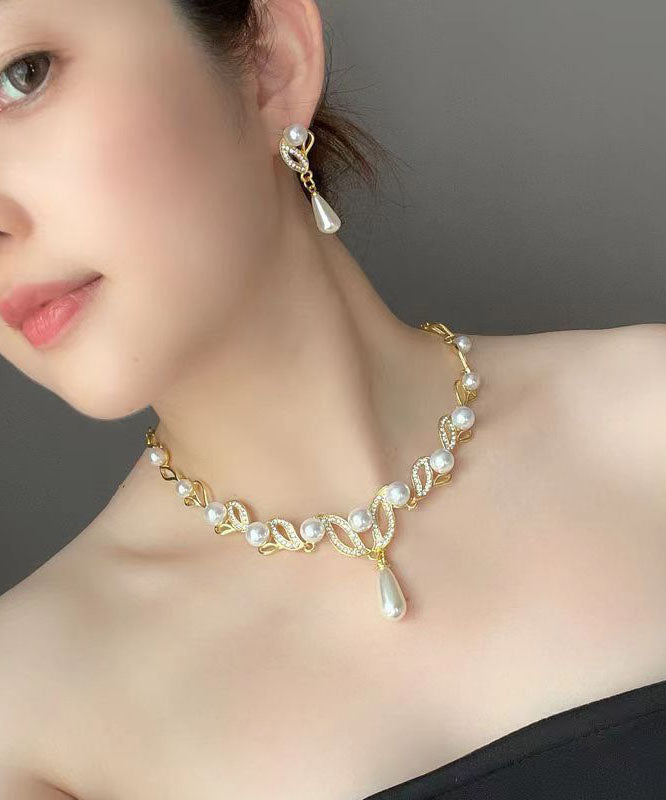 Elegant Gold Alloy Pearl Zircon Pendant Necklace And Earrings Sets