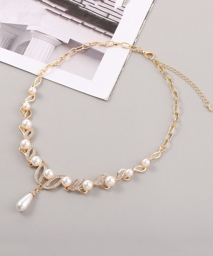 Elegant Gold Alloy Pearl Zircon Pendant Necklace And Earrings Sets