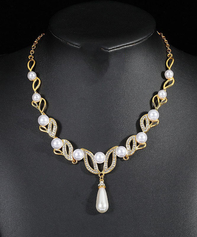 Elegant Gold Alloy Pearl Zircon Pendant Necklace And Earrings Sets