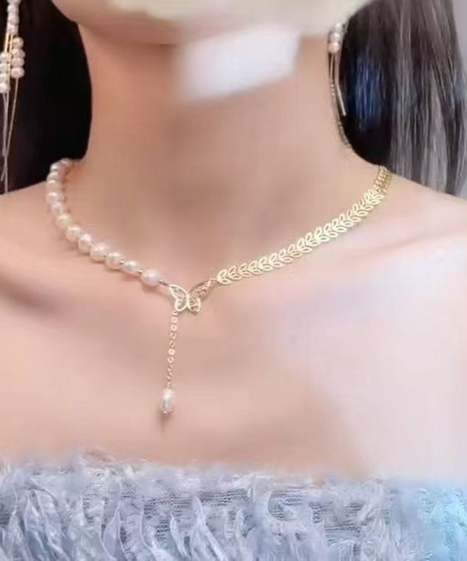 Elegant Gold Alloy Zircon Pearl Butterfly Ear Of Wheat Pendant Necklace