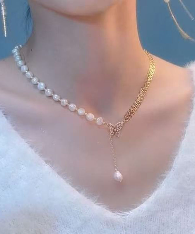 Elegant Gold Alloy Zircon Pearl Butterfly Ear Of Wheat Pendant Necklace
