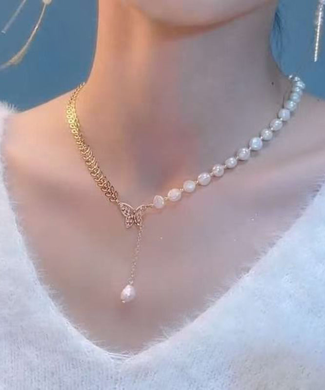 Elegant Gold Alloy Zircon Pearl Butterfly Ear Of Wheat Pendant Necklace