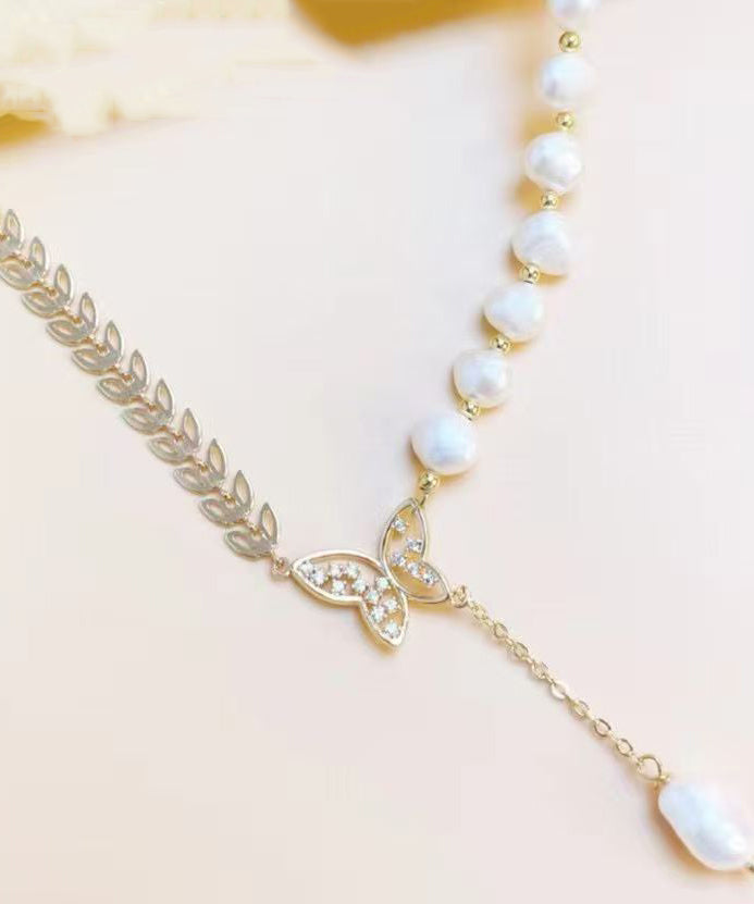 Elegant Gold Alloy Zircon Pearl Butterfly Ear Of Wheat Pendant Necklace