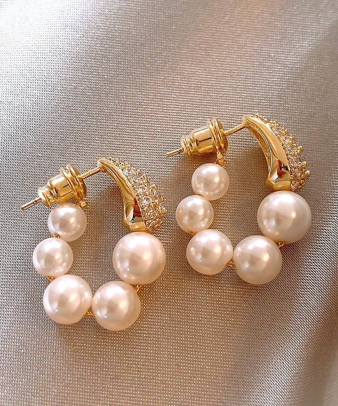 Elegant Gold Copper Alloy Zircon Pearl Hoop Earrings