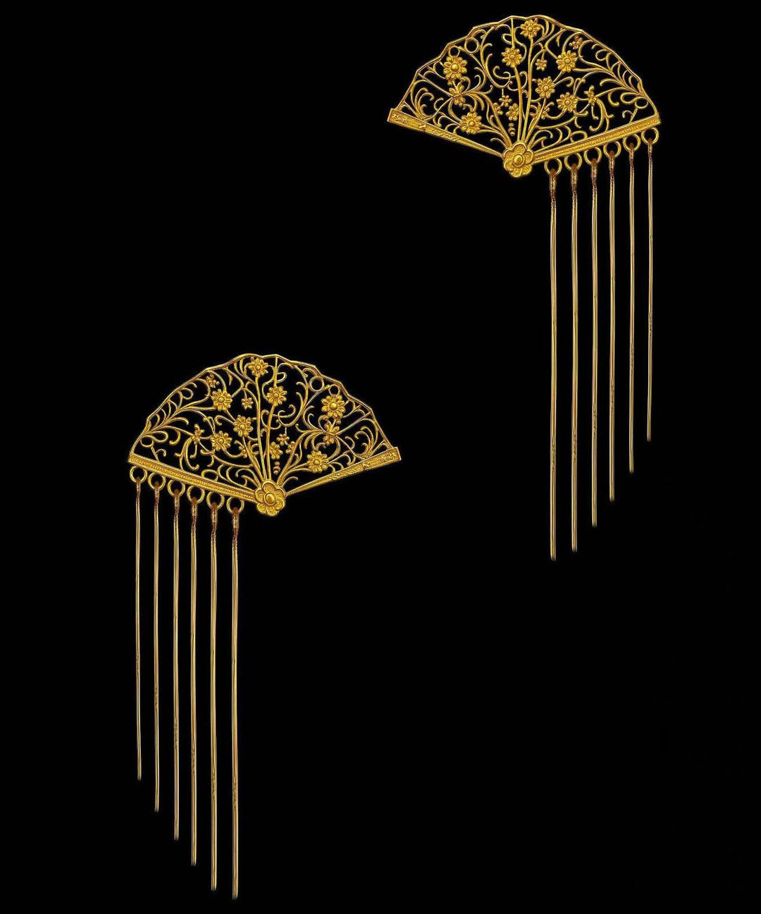 Elegant Gold Copper Overgild Hollow Out Folding Fan Tassel Drop Earrings