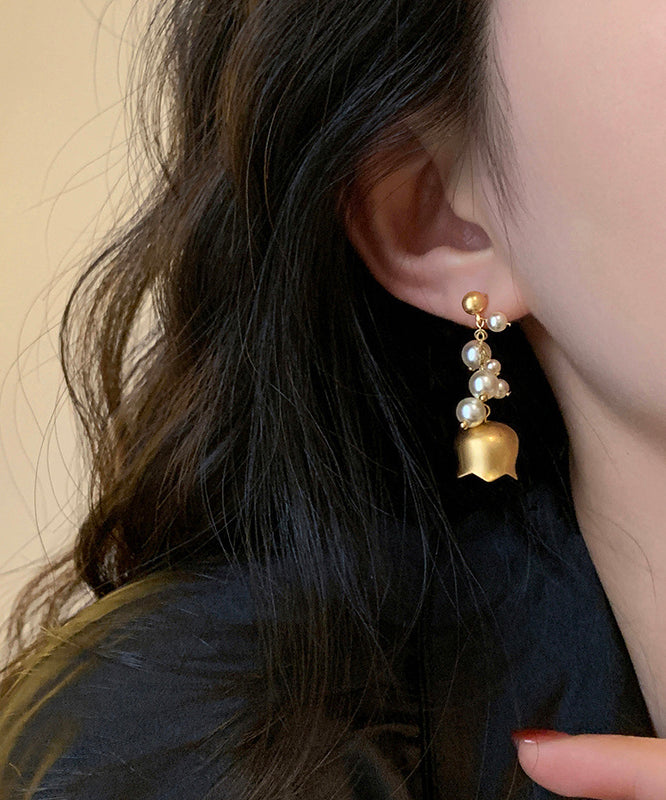 Elegant Gold Copper Overgild Pearl Lily Of The Valley Tassel Drop Earrings