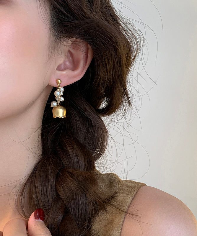 Elegant Gold Copper Overgild Pearl Lily Of The Valley Tassel Drop Earrings