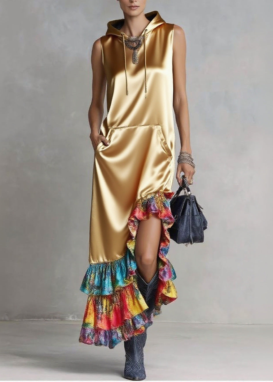 Elegant Golden Asymmetrical Patchwork Ruffles Silk Hooded Dresses Sleeveless