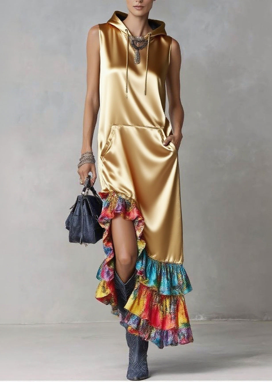 Elegant Golden Asymmetrical Patchwork Ruffles Silk Hooded Dresses Sleeveless