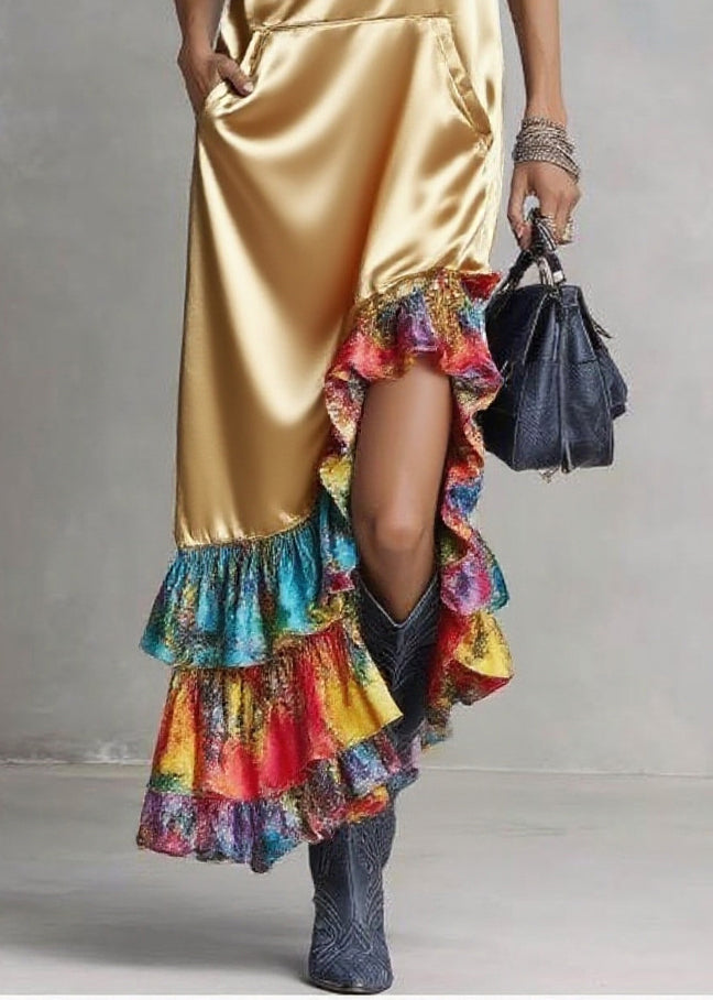 Elegant Golden Asymmetrical Patchwork Ruffles Silk Hooded Dresses Sleeveless