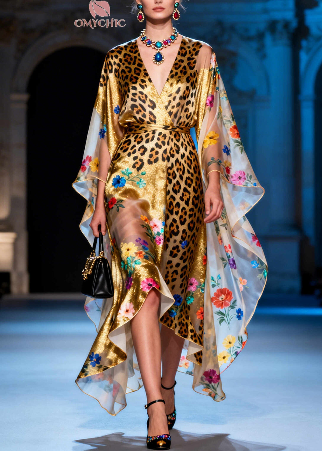 Elegant Golden Asymmetrical Print Chiffon Dresses Summer