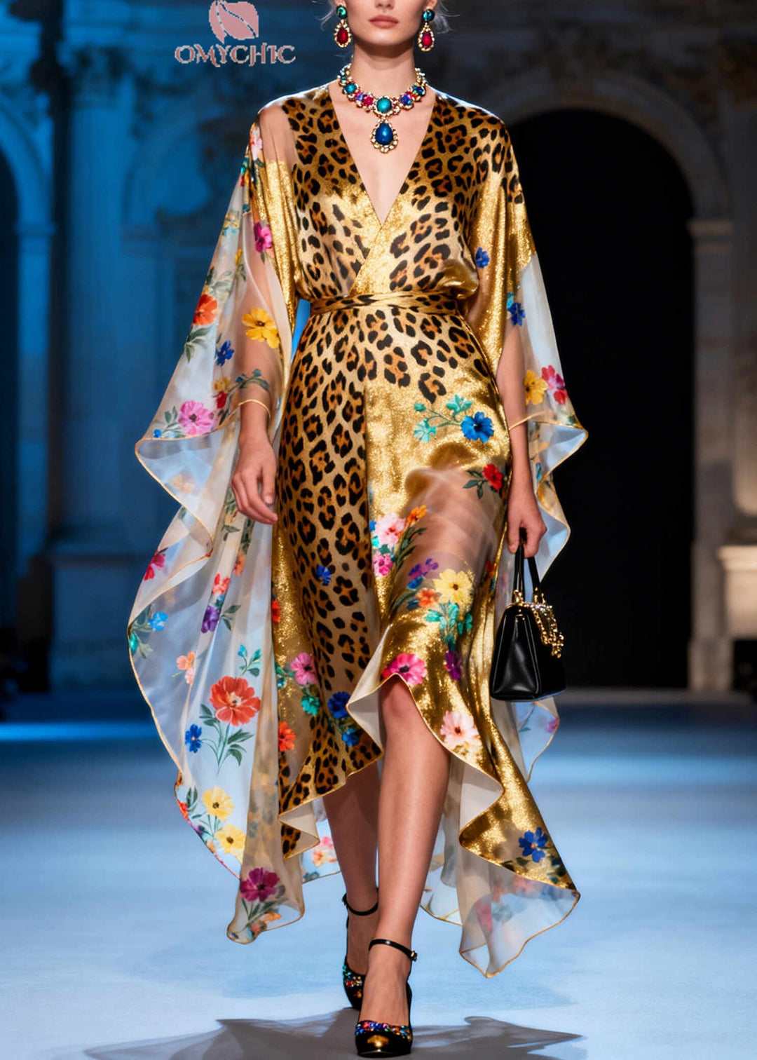 Elegant Golden Asymmetrical Print Chiffon Dresses Summer