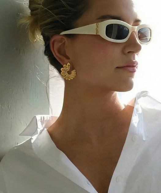 Elegant Golden Hollow Out Fan-shaped Metal Stud Earrings - Omychic