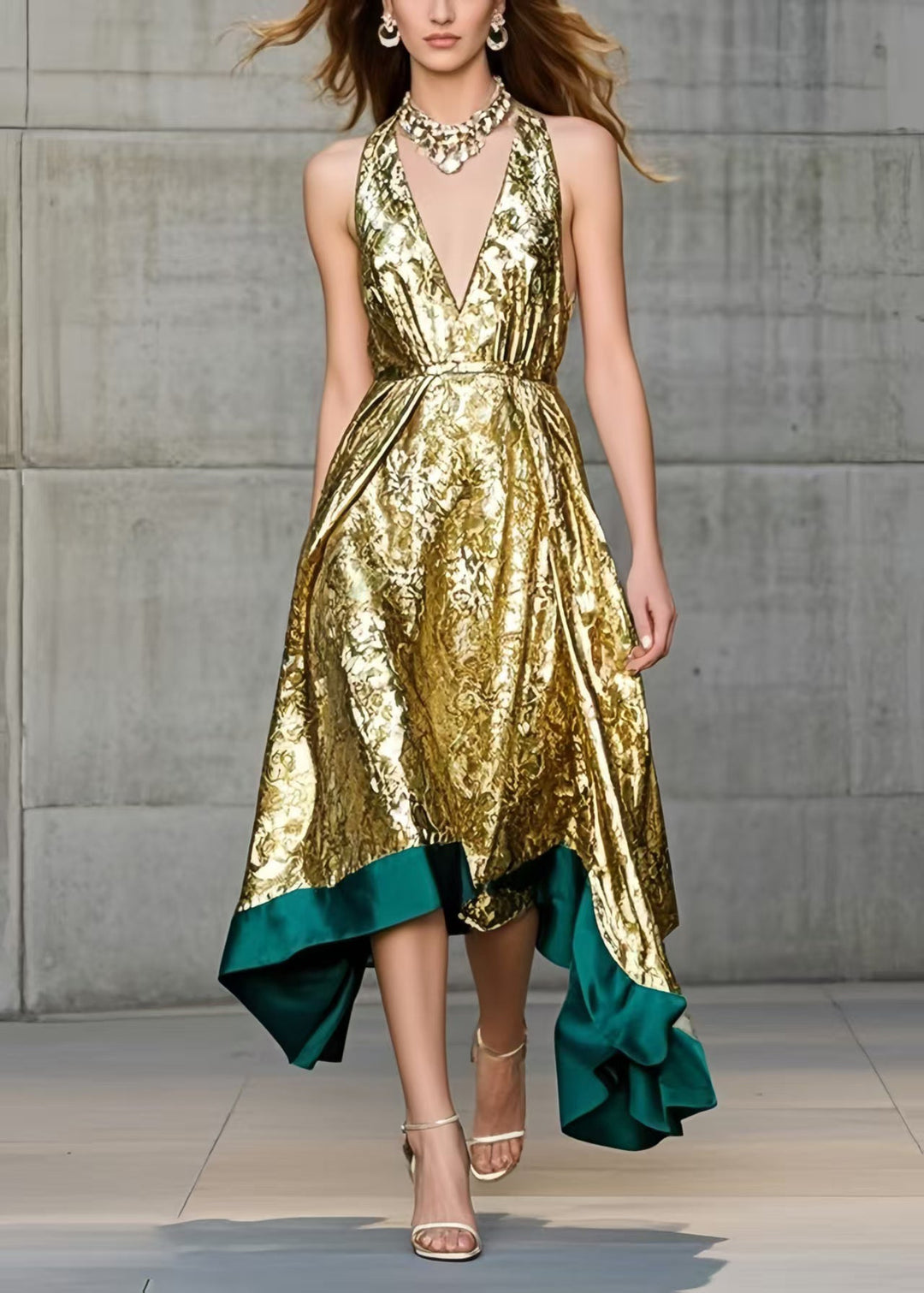 Elegant Golden Jacquard Exra Large Hem Halter Dress Summer