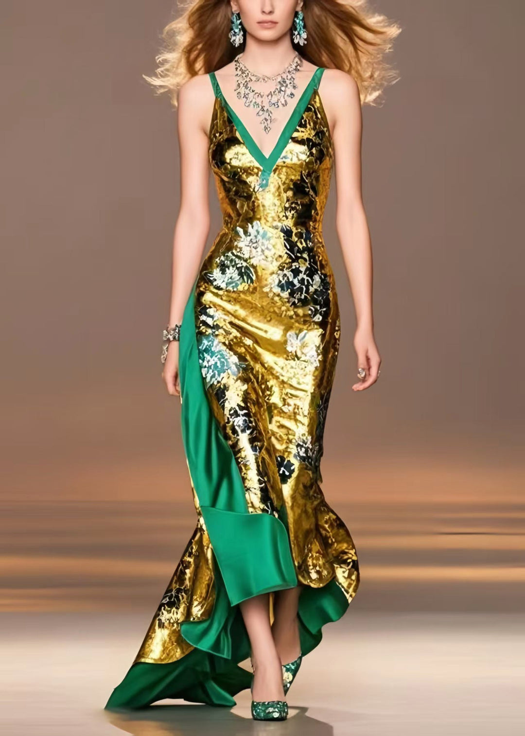 Elegant Golden Print Asymmetrical Exra Large Hem Vestidos Dress Summer