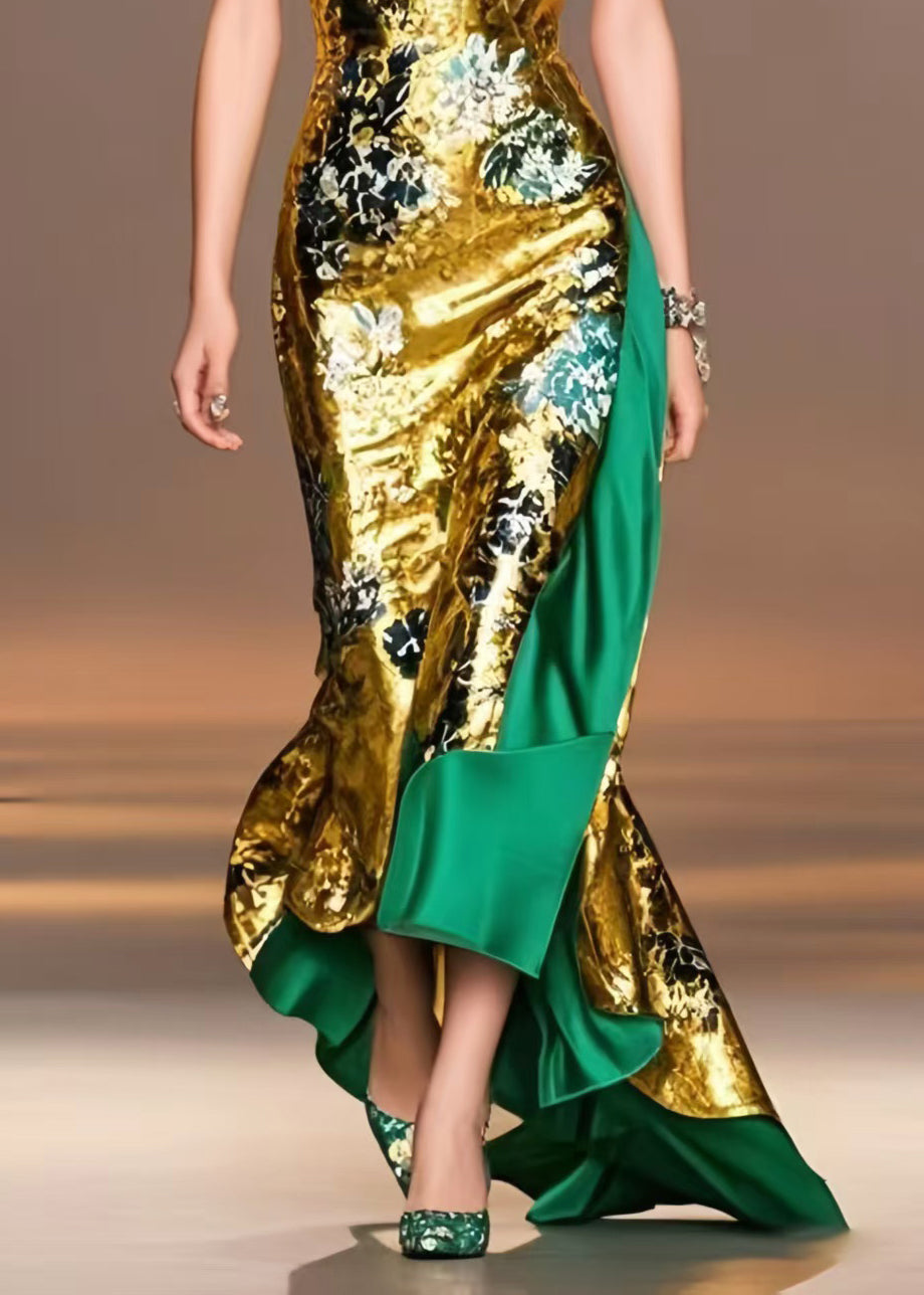 Elegant Golden Print Asymmetrical Exra Large Hem Vestidos Dress Summer