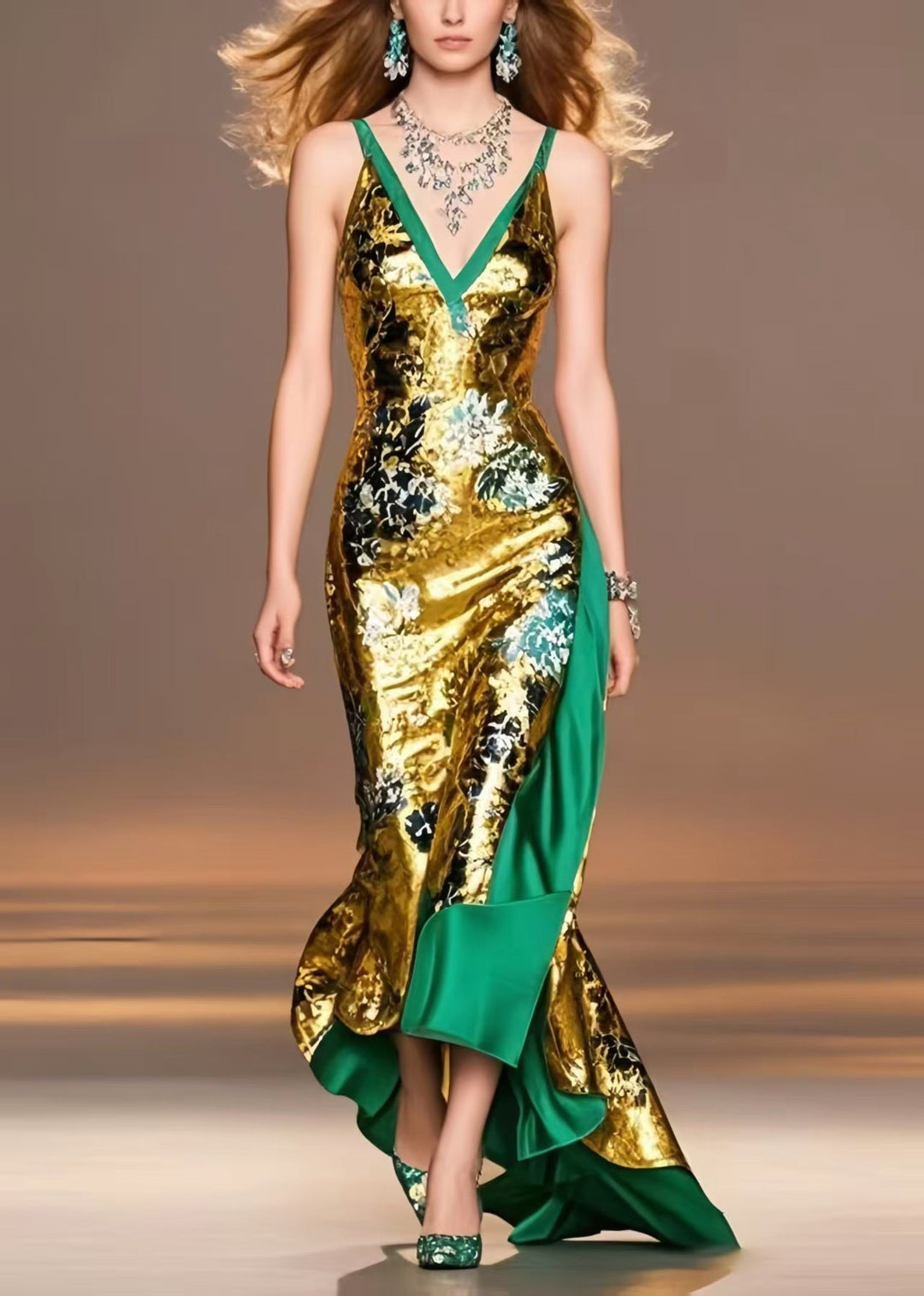 Elegant Golden Print Asymmetrical Exra Large Hem Vestidos Dress Summer
