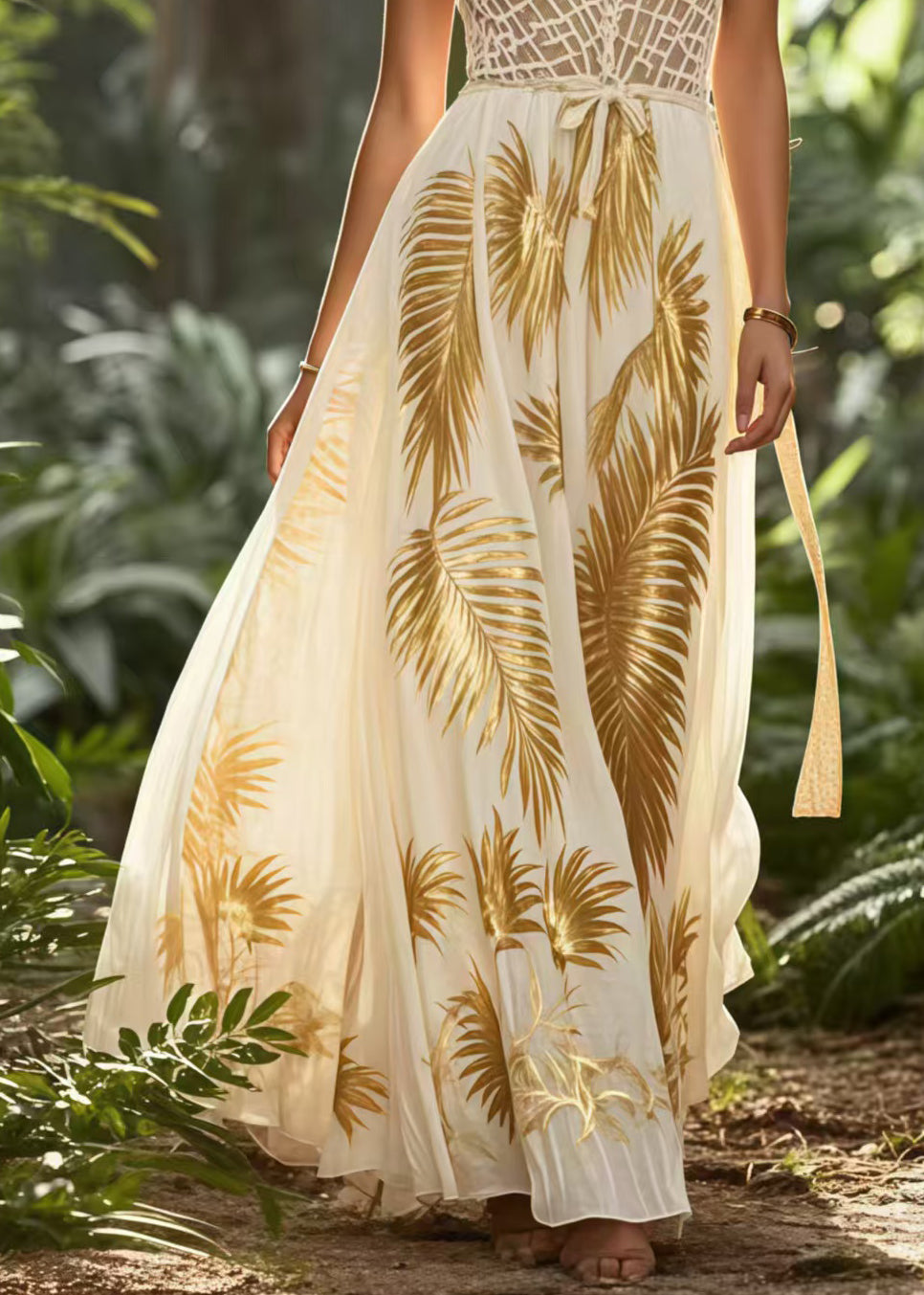 Elegant Golden Print Exra Large Hem Chiffon Vestidos Dress Summer