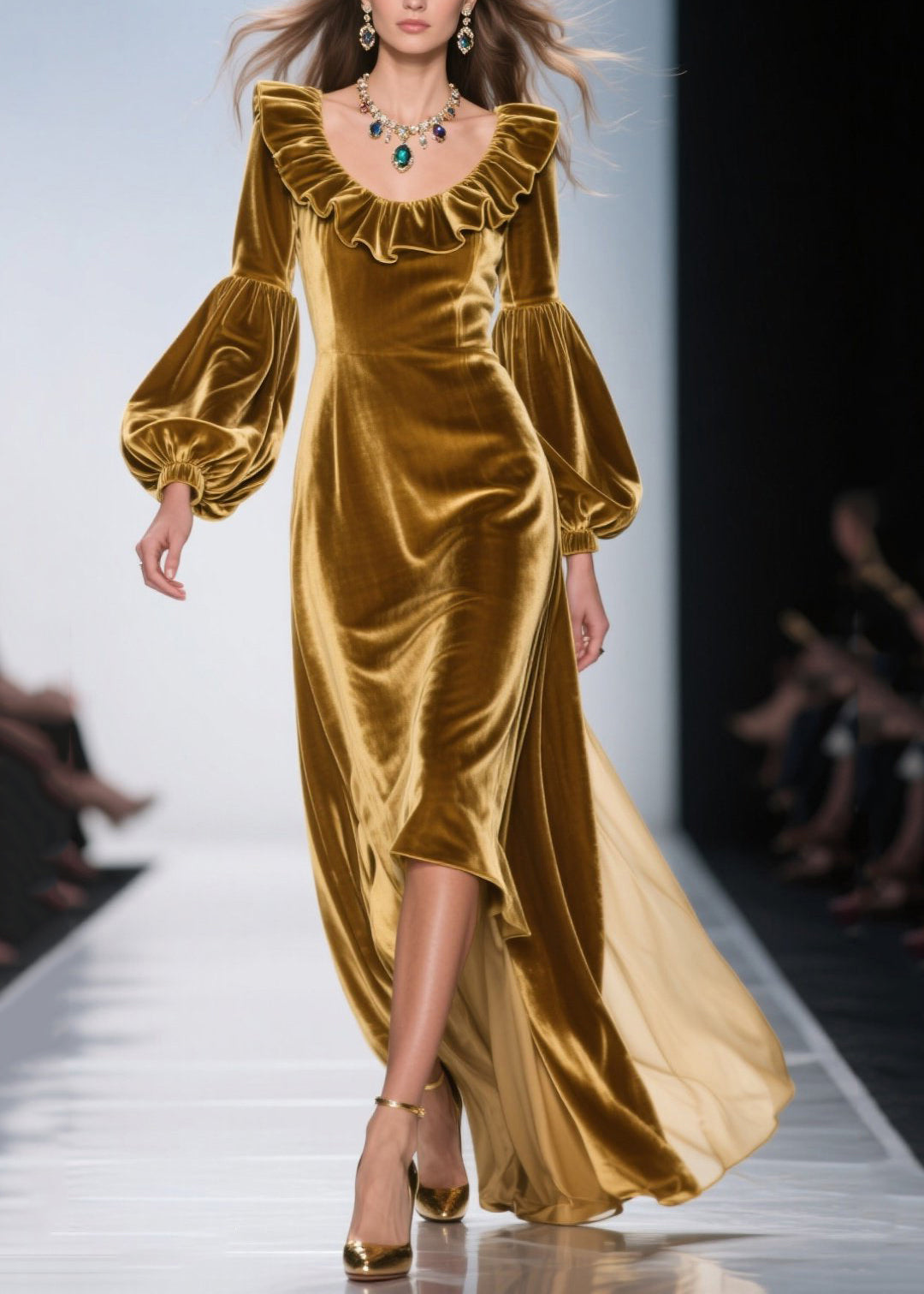 Elegant Golden Ruffles Silk Velvet Party Dresses Lantern Sleeve