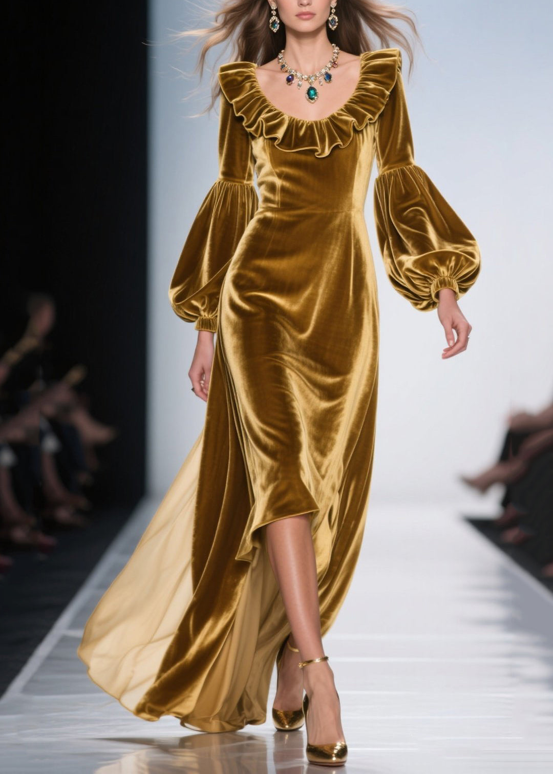 Elegant Golden Ruffles Silk Velvet Party Dresses Lantern Sleeve