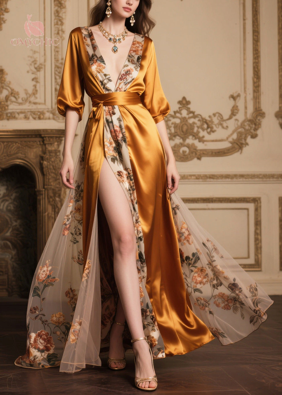 Elegant Golden Tunic Patchwork Side Open Silk Party Dresses Summer