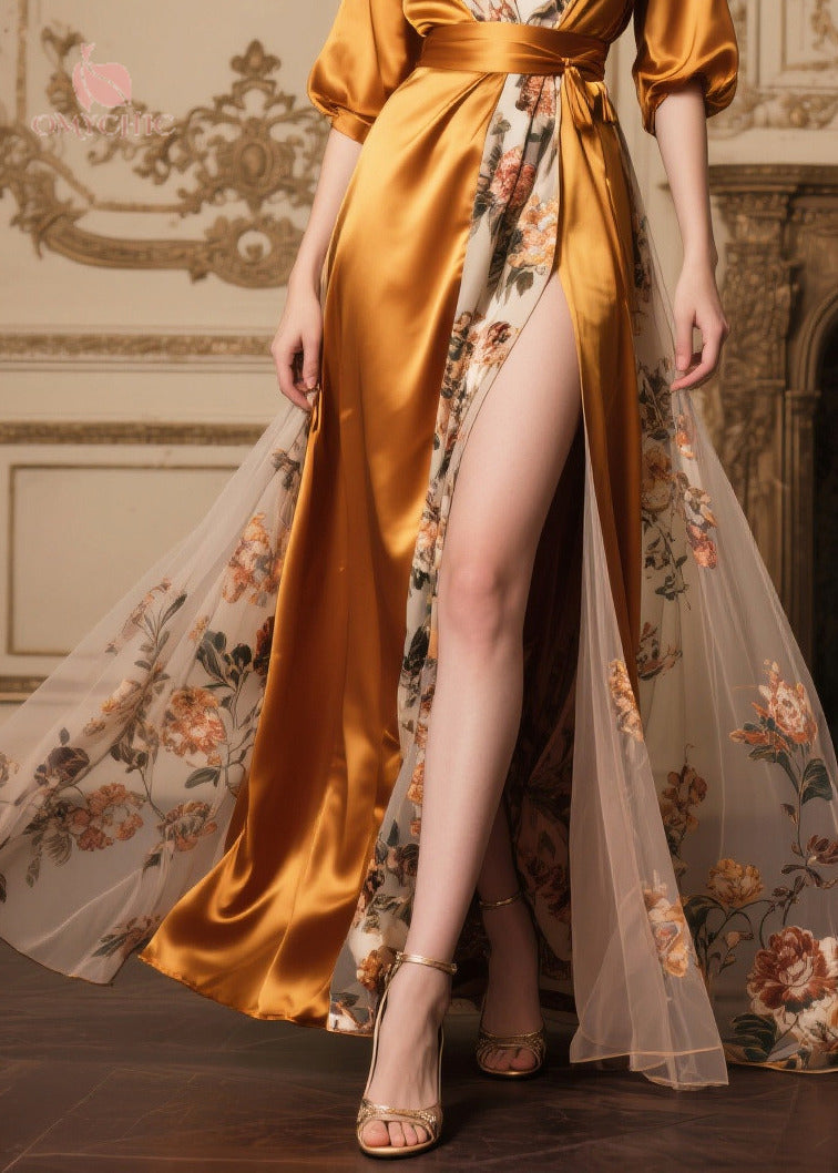 Elegant Golden Tunic Patchwork Side Open Silk Party Dresses Summer
